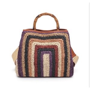 Mode Luxe KALANI Woven Raffia Rainbow Tote Bag with Bamboo Handles and‎ Strap